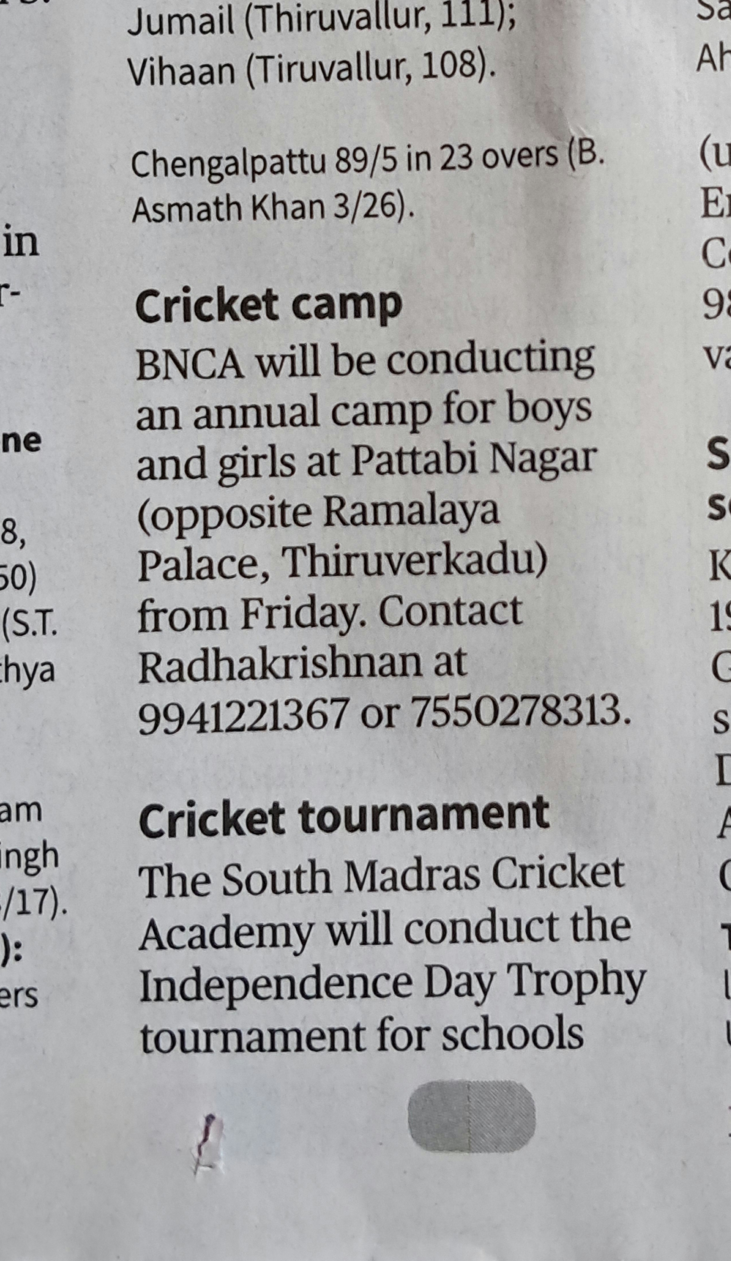 BN Cricket Academy Chennai - Practice Session